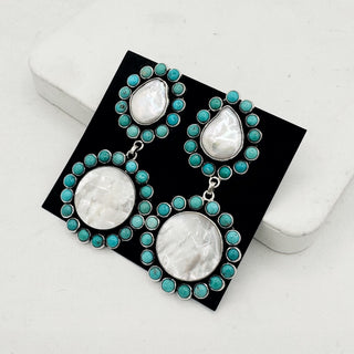 Federico Jimenez Mother of Pearl, Turquoise, and Pearl Dangle Statement Earrings