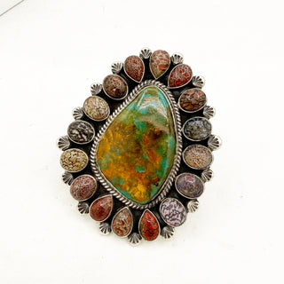 Tyler Brown Highgrade Royston and Dino Bone Cluster Ring