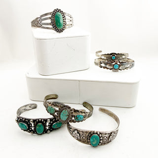 The First Thunder Collection - Six Harvey Era Turquoise and Silver Thunderbird Cuffs