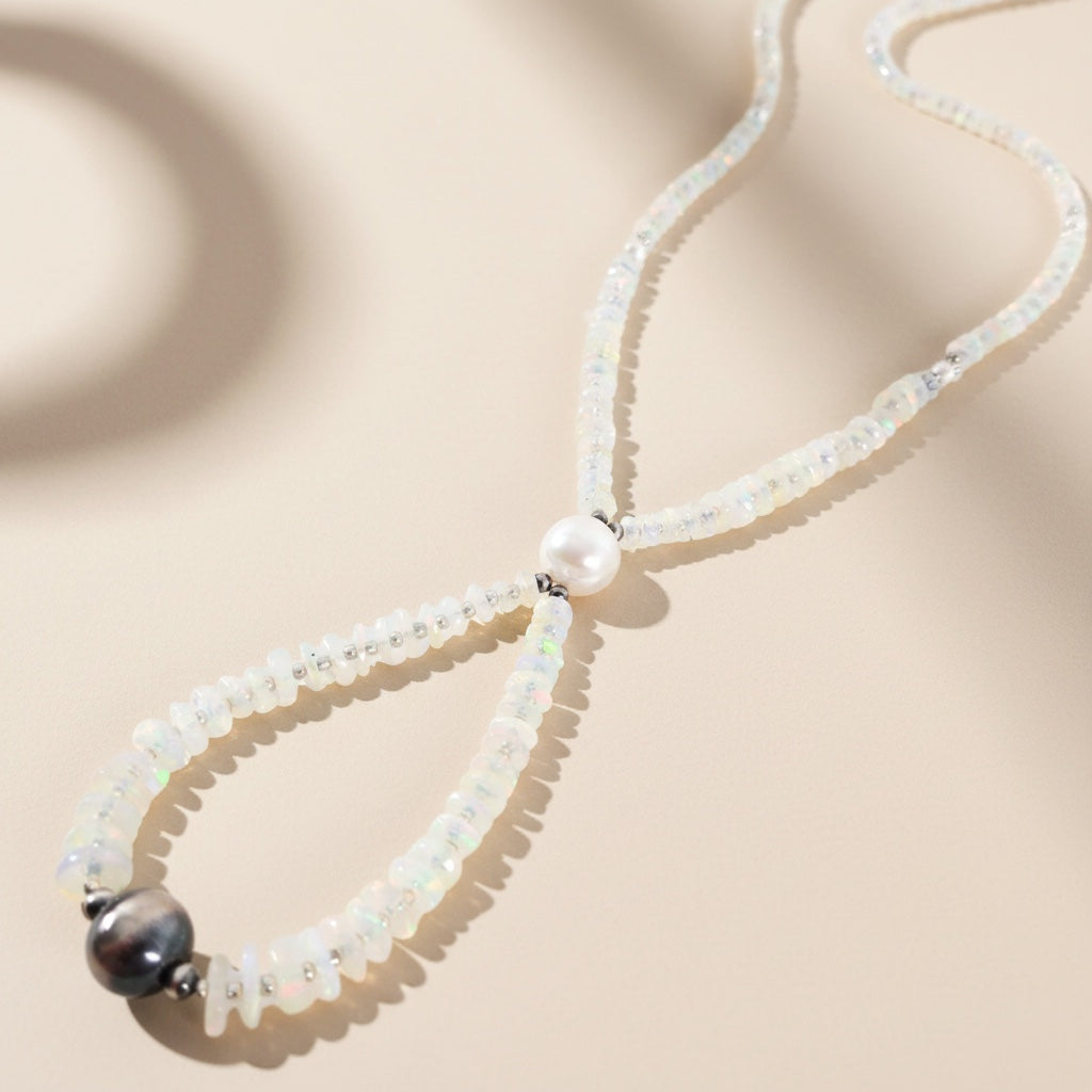 Necklace with pearls on a beige background