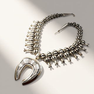 Silver necklace and earrings on a light gray background