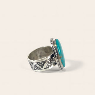 Silver ring with turquoise stone on a white background