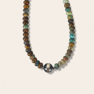 Beaded necklace with multicolored beads on a light gray background