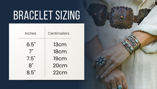Person with jewelry next to a bracelet sizing chart