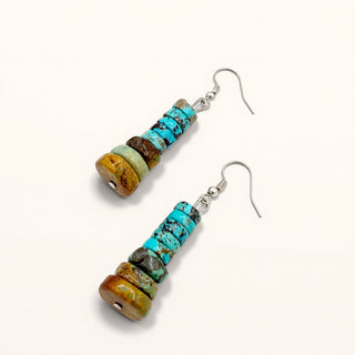 Pair of beaded earrings with turquoise and brown beads on a white background