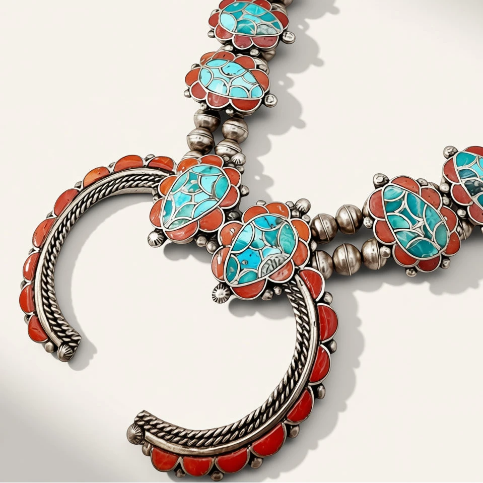 A Southwestern-style silver-toned necklace featuring turquoise and coral inlay, displayed on a clean off-white background.