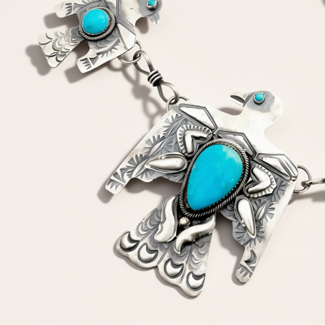 Multiple silver birds with turquoise stones on a handmade chain sitting on a cream background