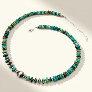 Necklace with turquoise and brown beads on a white background