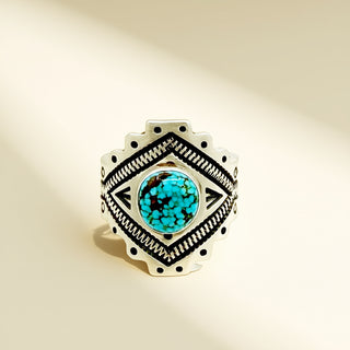Ring with turquoise stone and black geometric design on a beige background