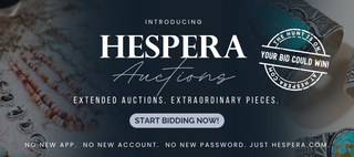 Promotional banner for Hespera Auctions featuring large white text on a dark background, with jewelry imagery along the sides and a circular badge reading 'Your Bid Could Win!'.