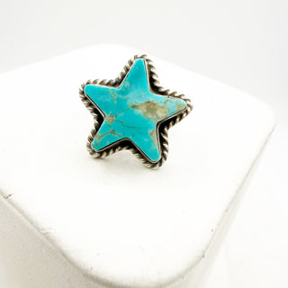 Star-shaped turquoise stone with silver frame on a white background