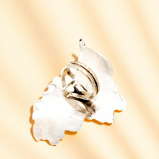 Silver ring shank on a beige background