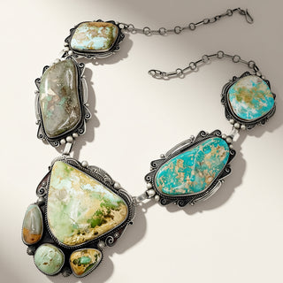 Necklace with large, colorful stones on a neutral background