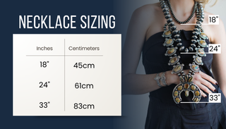 Woman with necklaces on a blue background next to a necklace sizing chart 