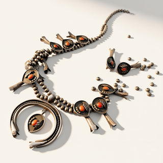 broken silver necklace with orange stones on a beige background