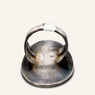 Silver ring with a textured base on a white background