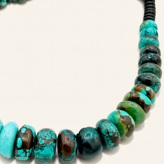 Necklace with turquoise and brown beads on a white background