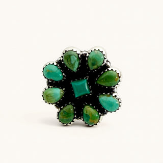 Turquoise stone ring with silver band on a white background