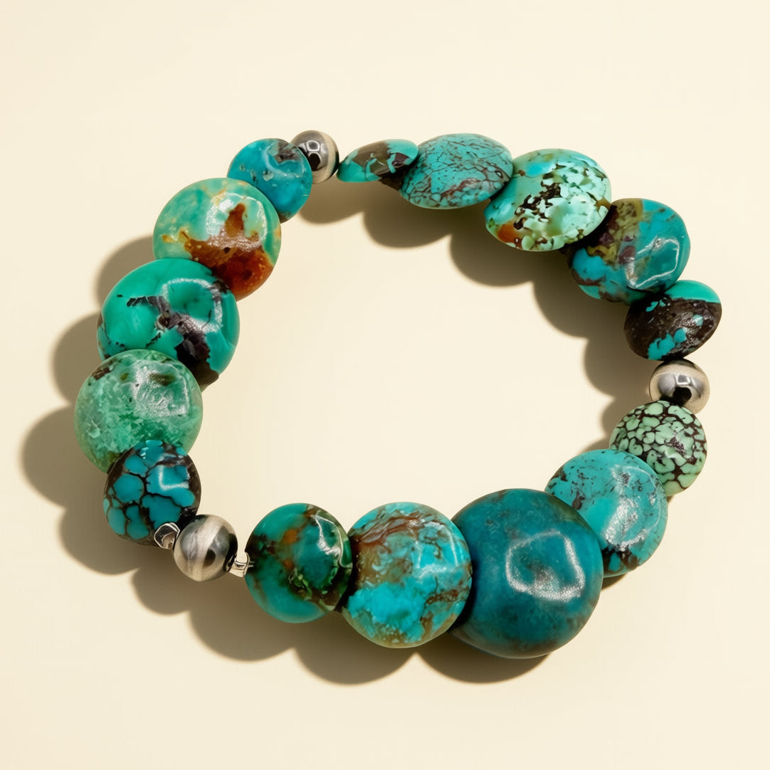 Turquoise beaded bracelet with silver accents on a beige background