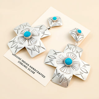 Pair of silver earrings with turquoise stones on a beige card