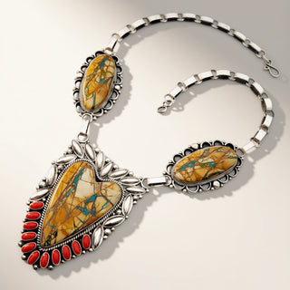 Silver necklace with stone and red bead accents on a neutral background