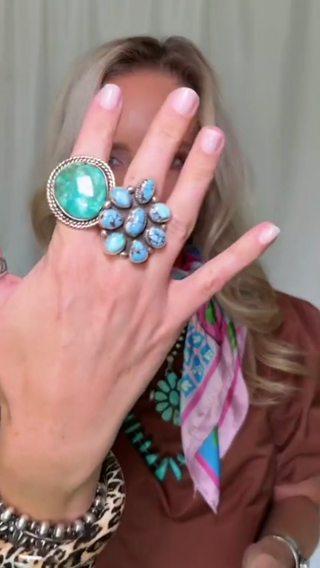 Woman wearing jewelry and presenting rings